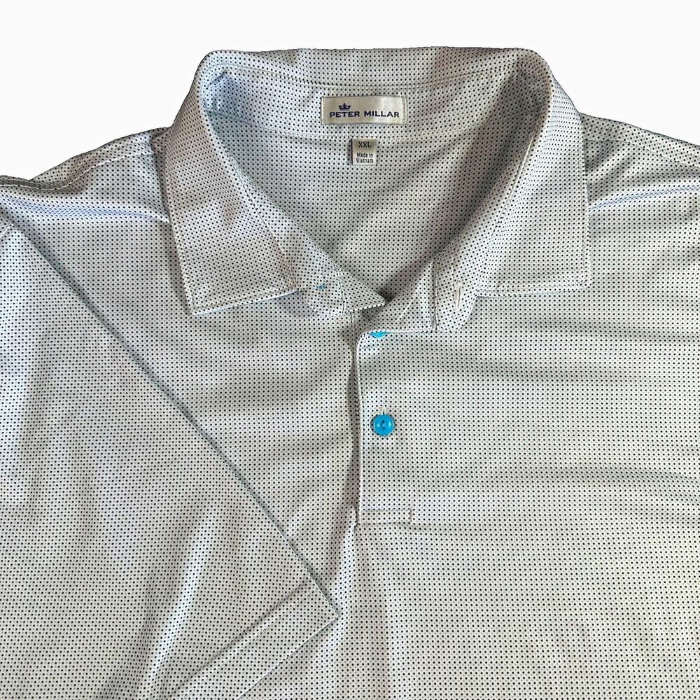 Peter Millar Mens XXL Golf Polo Shirt White Blue Micro Dot Performance Flaw Hole